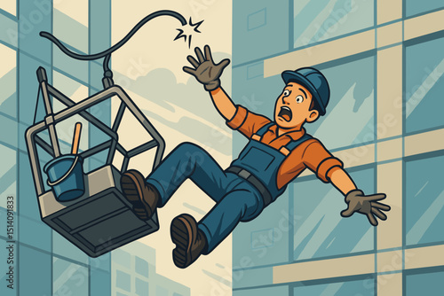 Workplace accident vector. Window cleaner falling from broken gondola lift. Man in peril, safety hazard concept. Skyscraper background illustration. Occupational risk, work danger scene.