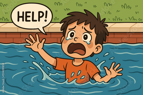Cartoon boy drowning in water, shouting HELP. Child sinking, crying, panicking. Concept of water danger, emergency, fear, distress, peril, safety alert, urgent rescue needed. Kid afraid.