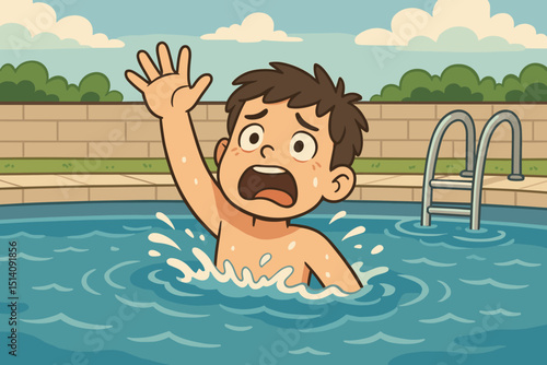 Cartoon boy drowning in swimming pool, child struggling in water calling for help. Water safety, danger, emergency, rescue concept. Vector illustration of a scared kid in peril.