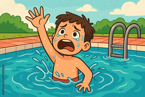 Panicked boy drowning in swimming pool, desperate hand reaching for help, cartoon illustration. Child water safety, summer hazard awareness. Emergency rescue, accident prevention concept.