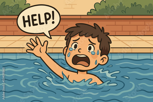 Drowning boy in pool calling for help. Scared child in water, emergency, danger, accident. Summer safety, swimming hazard, rescue needed. Cartoon vector illustration of kid sinking, fear.