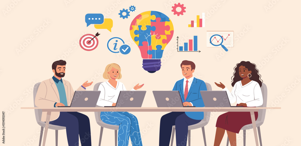 Business Team Brainstorm concept. Vector flat style abstract illustration of a group of diverse people at a desk leading a discussion with a lightbulb Business Team Brainstorm concept. Vector flat style abstract illustration of a group of diverse people at a desk leading a discussion with a lightbulb