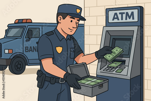 Armored truck guard depositing cash into ATM. Bank security officer with money case making secure financial transaction. Banking, finance, safety, and cash-in-transit concept illustration.
