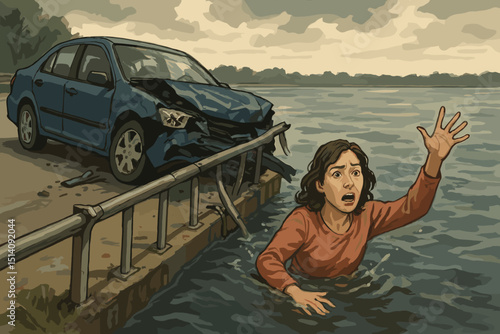 Dramatic car crash illustration, vehicle submerged in water, distressed woman survivor calling for help. Emergency accident scene, danger, safety hazard concept. Sinking car, urgent rescue needed.