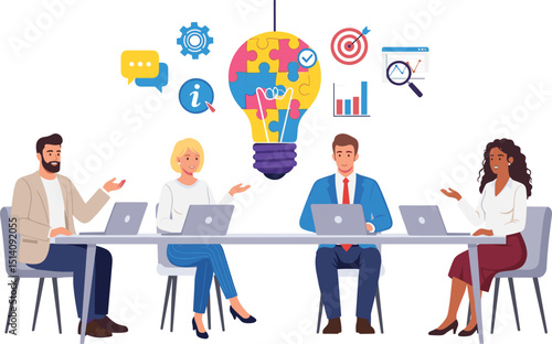 Business Team Brainstorm concept. Vector flat style abstract illustration of a group of diverse people at a desk leading a discussion with a lightbulb