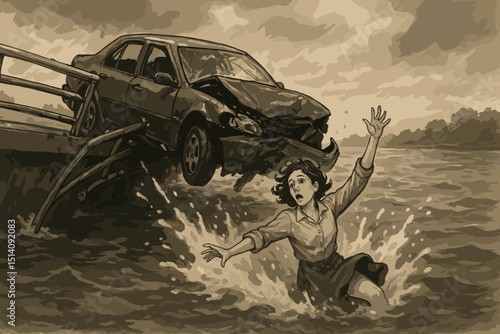 Car plunges into water from bridge, woman drowning in dramatic vintage style illustration. Accident, peril, distress, desperate struggle for survival, emergency scene, danger concept.