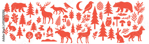 Flat Red Forest Icons with Wildlife and Trees