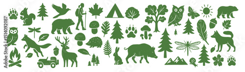 Green Forest Icons on Black Night Wilderness Set