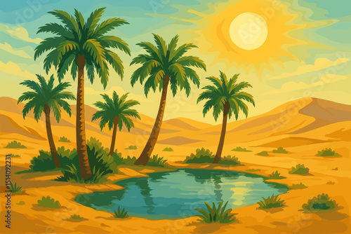 Vibrant desert oasis landscape with palm trees, shimmering waterhole, and golden sand dunes under a bright sun. Tropical paradise illustration for travel, nature, or serene background design.