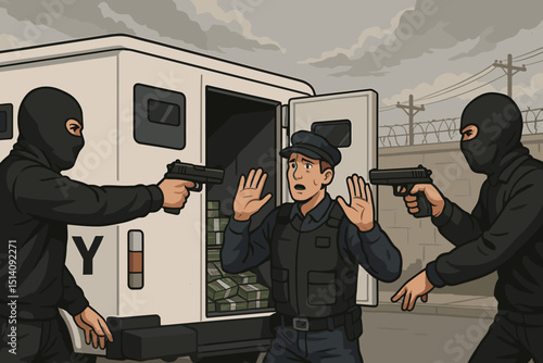 Armored truck robbery concept with armed masked criminals holding security guard at gunpoint. Cash transit heist in progress, financial crime, danger, money theft. Vector illustration.