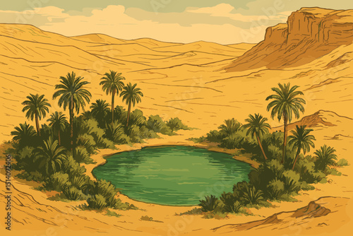 Desert oasis illustration. Lush green palm trees surrounding a tranquil blue water hole in arid sandy dunes landscape. Concept of survival, hope, relief, remote paradise, exotic travel, serene nature.