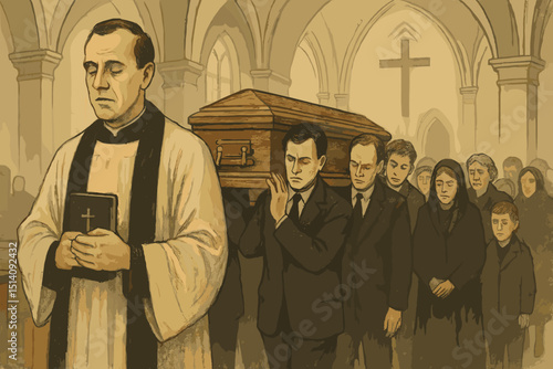 Funeral procession in church, priest leading mourners with coffin. Somber Christian religious ceremony, grief, death, and loss. Vintage illustration style for remembrance and condolence.