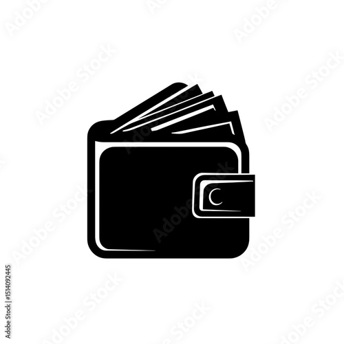 Vector icon of a closed wallet with money bills sticking out, black silhouette style with clasp detail.
