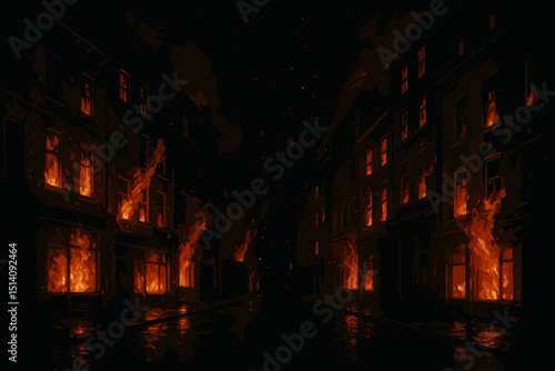 Victorian town street at night engulfed in fire. Burning buildings, historical urban catastrophe. Destructive inferno, flames consuming city. Emergency, disaster scene. Dark, dramatic, chaotic.