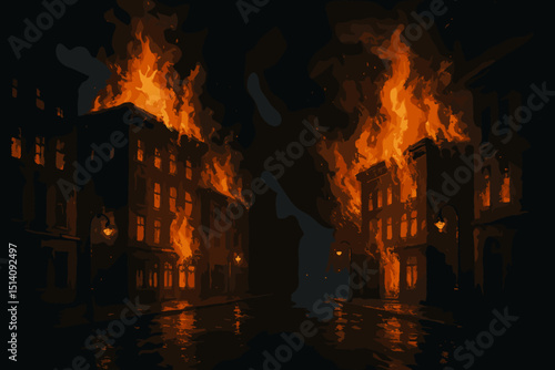 Midnight street ablaze, buildings engulfed in fire, dramatic urban inferno. Cityscape burning, emergency disaster scene. Flames, destruction, chaos, night, dark, ruins, war, riot, apocalypse concept.