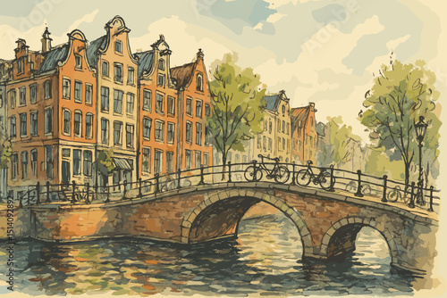 Amsterdam bridge watercolor illustration. Netherlands canal houses, bicycles scenic view. Holland city scape hand-drawn sketch. European travel destination, picturesque urban architecture art.