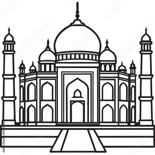 A simplified black and white line art illustration depicting the taj mahal, an iconic indian landmark