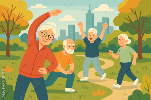 Active seniors exercising outdoors in city park. Elderly people fitness group, healthy lifestyle. Older adults workout, stretching, jogging. Senior wellness, vitality, cartoon vector illustration.
