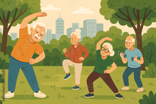 Senior citizens group morning fitness routine in vibrant park. Elderly men women promoting active aging, healthy lifestyle, physical wellness, vitality. Cartoon vector illustration for healthy habits.
