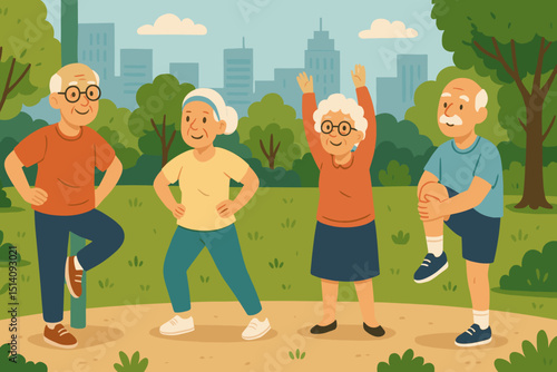 Active seniors exercising in city park. Elderly group fitness. Healthy retirement lifestyle. Older people workout. Outdoor wellness, vitality concept. Cartoon vector illustration.