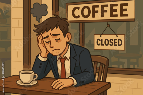 Entrepreneurial burnout. Sad small business owner, businessman experiencing stress, depression at closed coffee shop. Failure, financial crisis, mental health problems, overwork concept.