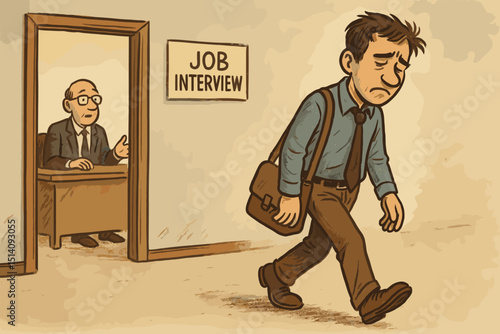 Rejected job seeker leaving interview. Disappointed unsuccessful candidate walking away. Concept unemployment, career failure, job loss, economic downturn, professional stress, bad news, work crisis.