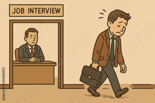Disappointed businessman leaving unsuccessful job interview. Sad applicant feeling rejected, career failure, unemployment stress. Dejected character illustration for HR, recruitment, job loss concept.