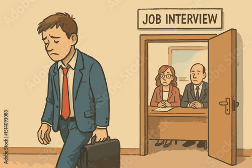 Job interview rejection. Disappointed sad man leaving office after unsuccessful meeting. Unemployment, career crisis concept. HR recruitment failure. Despondent applicant, job loss fears.