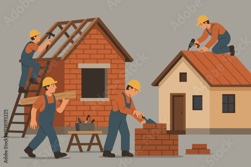 Construction workers building new houses, team of builders on residential home development. Laborers with tools, bricks for property and real estate industry. Vector illustration concept.