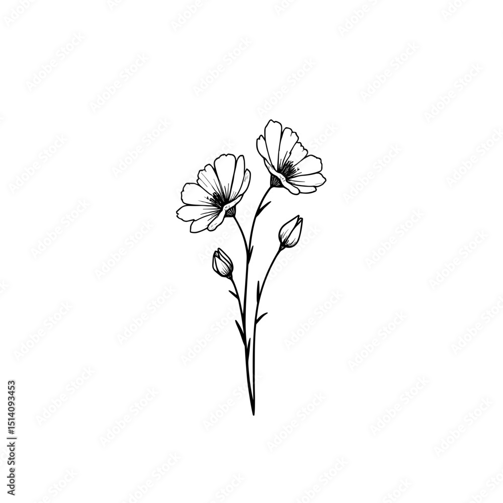 Obraz premium Elegant, minimalist black and white line drawing of delicate wildflowers blooms, capturing the essence of natural beauty with a touch of simple grace.