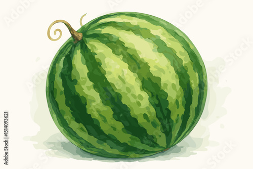 Whole watermelon watercolor painting illustration. Fresh ripe juicy summer fruit. Healthy natural organic food concept. Vibrant green striped melon, botanical art design element for grocery.