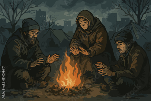 Homeless people warming hands at campfire in desolate urban ruins. Survival, poverty, despair. Social issue. Cold night, refugees seeking warmth, community in hardship illustration.