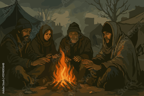 Campfire scene with people gathering for warmth, representing survival and community in hardship. Historical or dystopian setting, refugees, poverty, cold night. Storytelling, hope, despair.