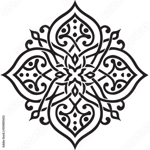 Elegant black and white ornamental floral vector design with intricate details and symmetrical arrangement for decorative purposes