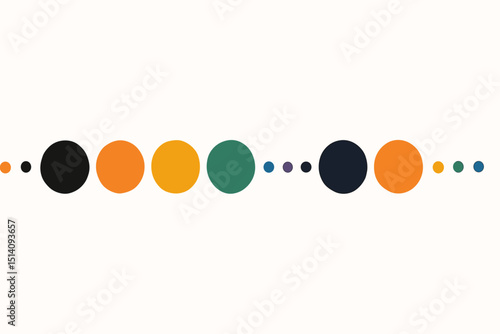 Abstract colorful dots and circles sequence on white textured background. Modern geometric pattern design element. Vector illustration for logo, banner, web, print, decoration.