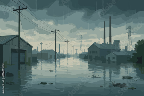Flooded industrial district illustration. Heavy rain, submerged factories and warehouses. Climate change impact, natural disaster, deluge, environmental catastrophe. Gloomy, dramatic scene.