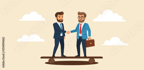 Agreement concept. Vector flat minimalistic full length illustration of two businessmen shaking hands while balancing on an abstract surface