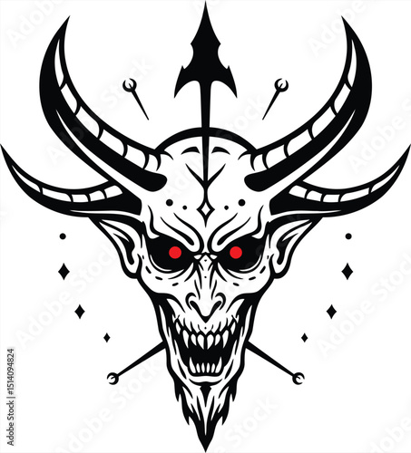 Bold and graphic demon head tattoo illustration with striking red eyes and trident accents, a popular choice for contemporary tattoo enthusiasts in Bangladesh seeking impactful imagery.