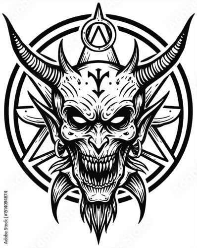 Aggressive demonic skull tattoo artwork, showcasing a horned creature with an open mouth and intricate details, ideal for horror-inspired ink and powerful symbolic designs.