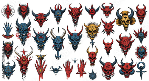 Diverse set of occult-inspired tattoo flash with various demonic heads, skeletal hands, and intricate patterns, ideal for edgy ink, metal aesthetics, and powerful symbolic designs.