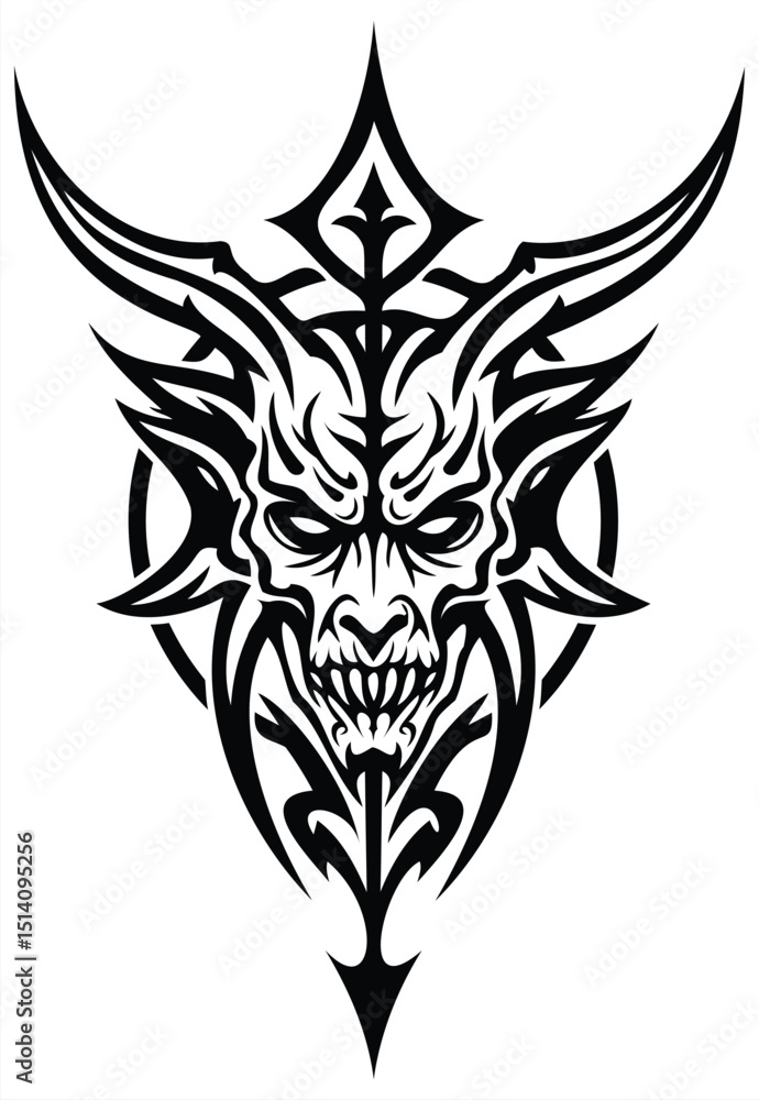 Fototapeta premium Aggressive demon head tattoo artwork with tribal elements and glowing eyes, ideal for horror-inspired ink, alternative fashion, and powerful symbolic designs.