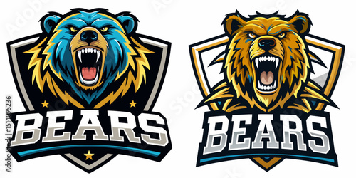 Ferocious bear mascot sports logos with roaring bear heads in shield designs, ideal for esports teams, gaming channels, or athletic team branding