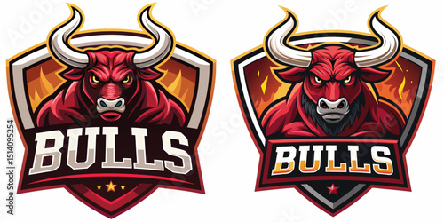 Powerful bull mascot logos featuring muscular bulls with horns in fiery shield layouts, perfect for competitive teams, trading firms, or gaming brands