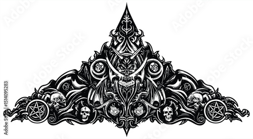 Detailed black and white triangular gothic decoration featuring skulls, demonic elements, and occult symbols, ideal for adding a bold and mystical touch to illustrations, posters, or horror-themed.