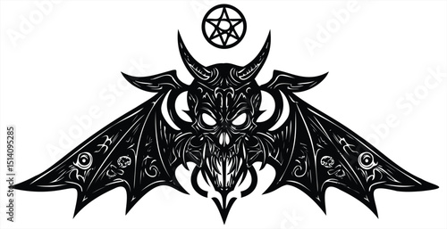 Stylized monster bat illustration featuring sharp horns, intricate wings, and a mystical pentagram, ideal for gothic designs, supernatural themes, gaming visuals, and macabre artistic creations.