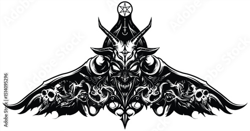 Sinister demonic bat illustration with menacing horns, intricate wings, and a skull-like face, perfect for dark fantasy art, gothic designs, tattoo flash, and horror-themed graphic projects.