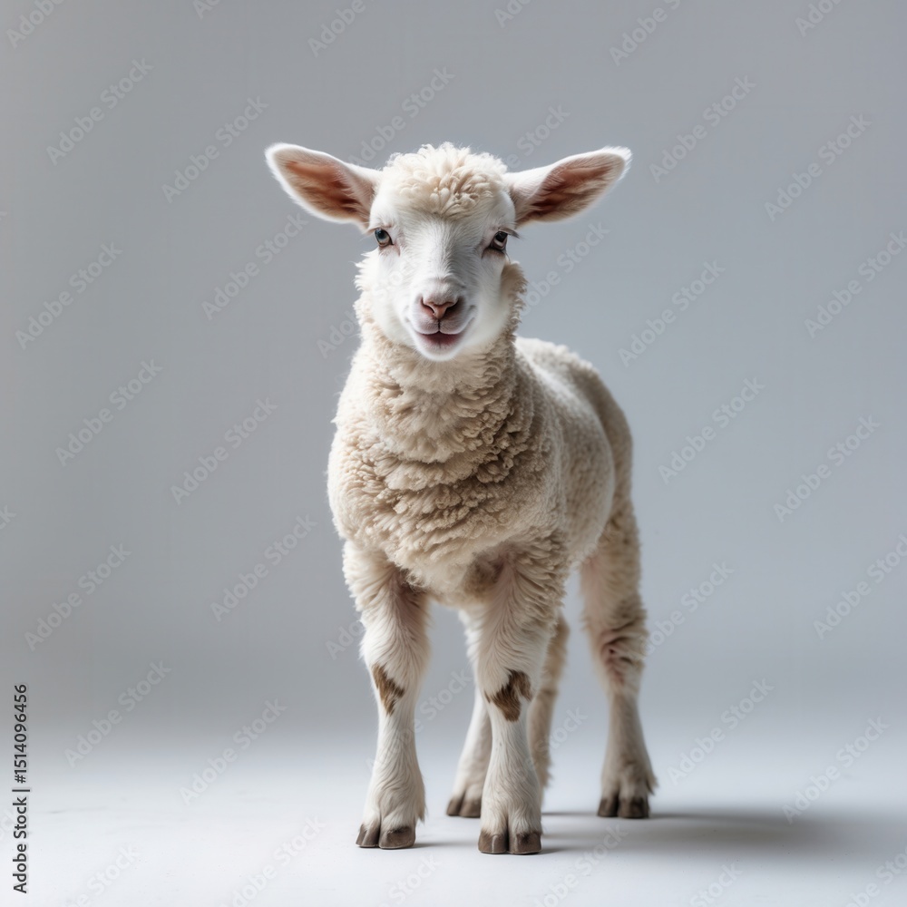 Fototapeta premium Adorable young lamb standing on a light background with a curious expression