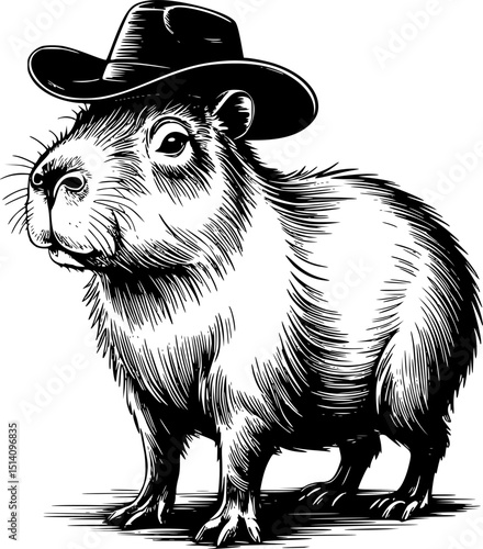 Vintage Monochrome Capybara Illustration in Cowboy Hat – Engraved Style Funny Animal Line Art