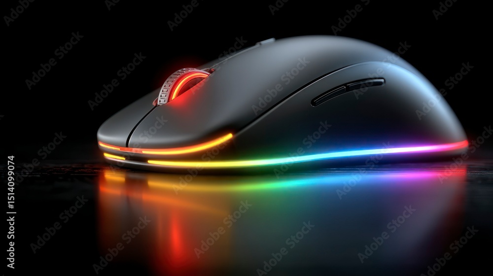 Modern Gaming Mouse with Rainbow LED Lights on a Reflective Surface Modern Gaming Mouse with Rainbow LED Lights on a Reflective Surface