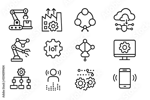 Exploring concepts of automation, connectivity, and technology in industry and daily life through simple line icons